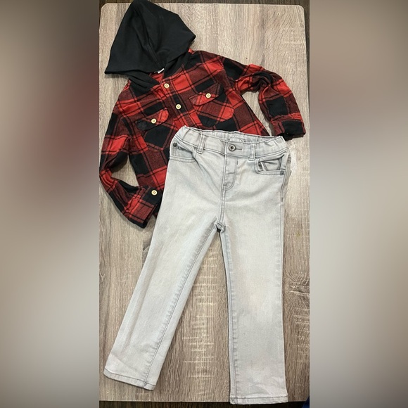 Red and Black Plaid Shirt with Gray Pants